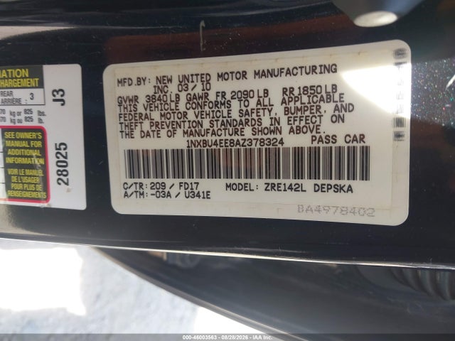Продажа на аукционе авто 2010 Toyota Corolla S, vin: 1NXBU4EE8AZ378324, номер лота: 46003563