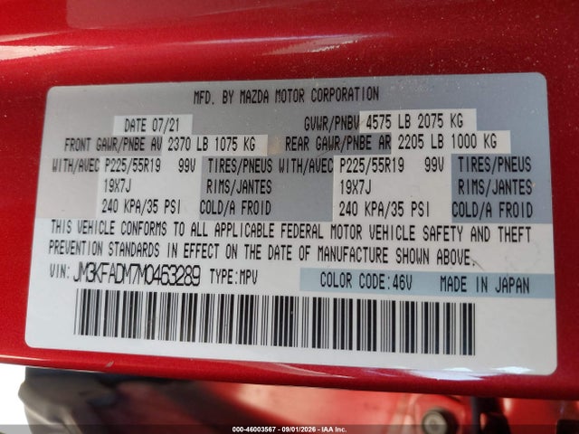 Продажа на аукционе авто 2021 Mazda Cx-5 Grand Touring, vin: JM3KFADM7M0463289, номер лота: 46003567