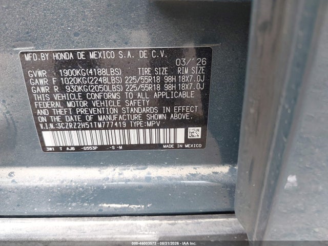 Aukcja sprzedaży 2026 Honda Hr-v Awd Sport, vin: 3CZRZ2H51TM777419, numer aukcji: 46003573