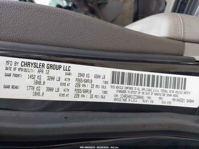 Продажа на аукционе авто 2012 Dodge Durango Sxt, vin: 1C4RDHAG1CC308481, номер лота: 46003578