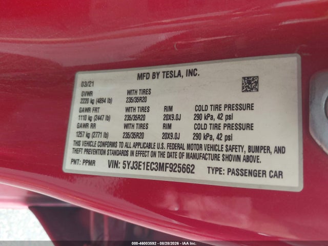 46003592 :رقم المزاد ، 5YJ3E1EC3MF925662 vin ، 2021 Tesla Model 3 Performance Dual Motor All-wheel Drive مزاد بيع