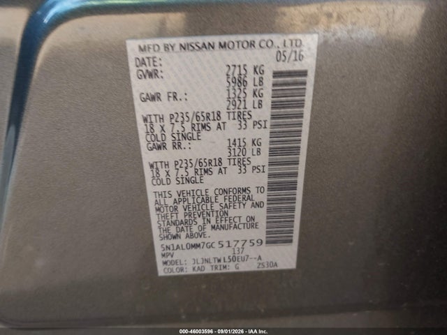 Aukcja sprzedaży 2016 Infiniti Qx60, vin: 5N1AL0MM7GC517759, numer aukcji: 46003596
