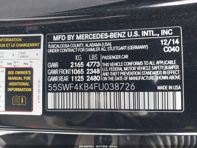 Продаж на аукціоні авто 2015 Mercedes-benz C 300 Luxury 4matic, vin: 55SWF4KB4FU038726, номер лоту: 46003601