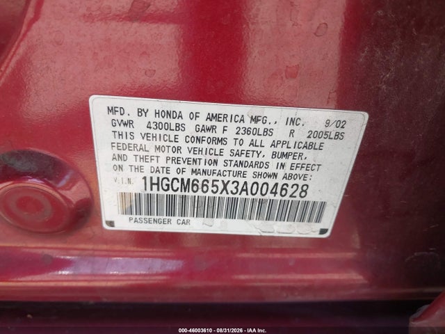46003610 :رقم المزاد ، 1HGCM665X3A004628 vin ، 2003 Honda Accord 3.0 Ex مزاد بيع
