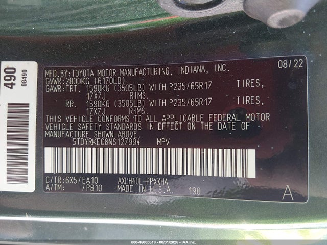 Toyota SIENNA XLE 2022 5TDYRKEC8NS127994 Image 9