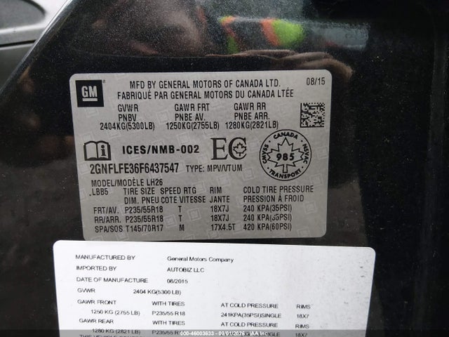 46003633 :رقم المزاد ، 2GNFLFE36F6437547 vin ، 2015 Chevrolet Equinox 1lt مزاد بيع