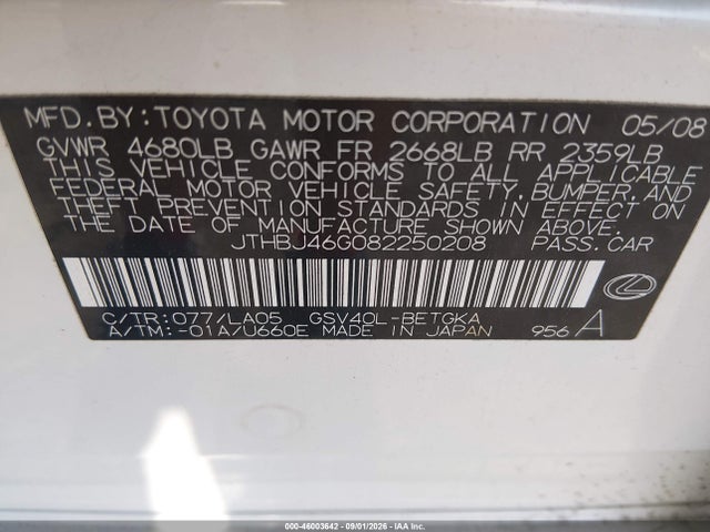 Aukcja sprzedaży 2008 Lexus Es 350, vin: JTHBJ46G082250208, numer aukcji: 46003642