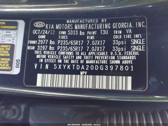 Aukcja sprzedaży 2013 Kia Sorento Lx V6, vin: 5XYKTDA20DG397801, numer aukcji: 46003658