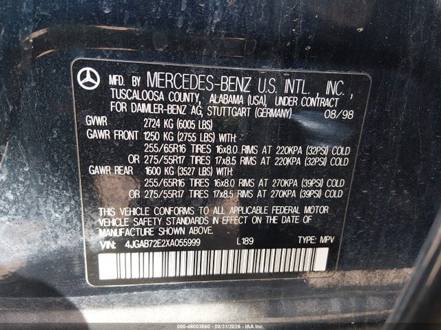 1999 Mercedes-benz Ml 430 მანქანა იყიდება აუქციონზე, vin: 4JGAB72E2XA055999, აუქციონის ნომერი: 46003660