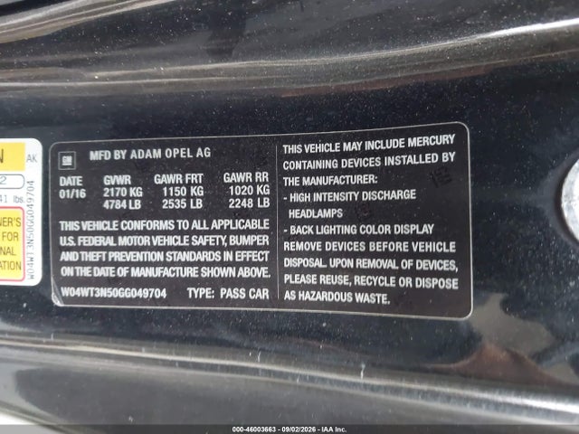 Продажа на аукционе авто 2016 Buick Cascada Premium, vin: W04WT3N50GG049704, номер лота: 46003663