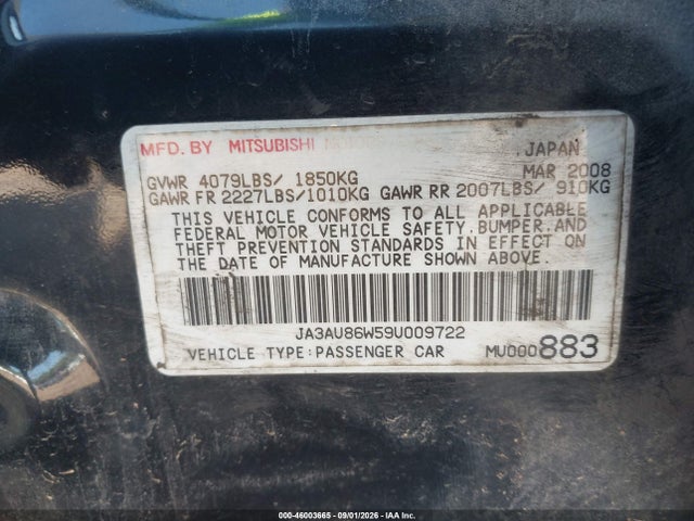 Продажа на аукционе авто 2009 Mitsubishi Lancer Gts, vin: JA3AU86W59U009722, номер лота: 46003665