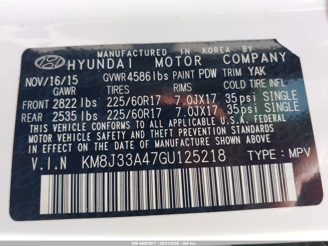 Продажа на аукционе авто 2016 Hyundai Tucson Se, vin: KM8J33A47GU125218, номер лота: 46003677