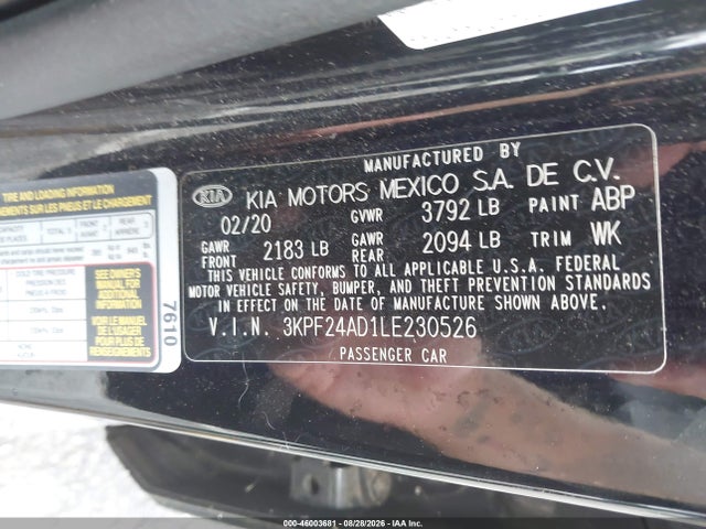 Aukcja sprzedaży 2020 Kia Forte Lxs, vin: 3KPF24AD1LE230526, numer aukcji: 46003681