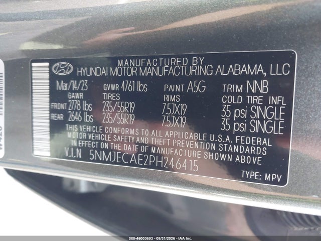 2023 Hyundai Tucson Limited მანქანა იყიდება აუქციონზე, vin: 5NMJECAE2PH246415, აუქციონის ნომერი: 46003693
