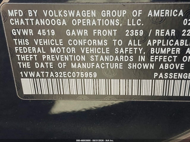1VWAT7A32EC075959 Volkswagen Passat 1.8t S
