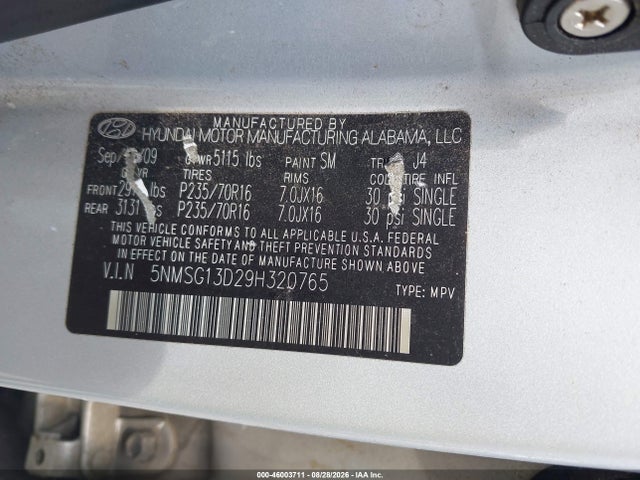 46003711 :رقم المزاد ، 5NMSG13D29H320765 vin ، 2009 Hyundai Santa Fe Gls مزاد بيع