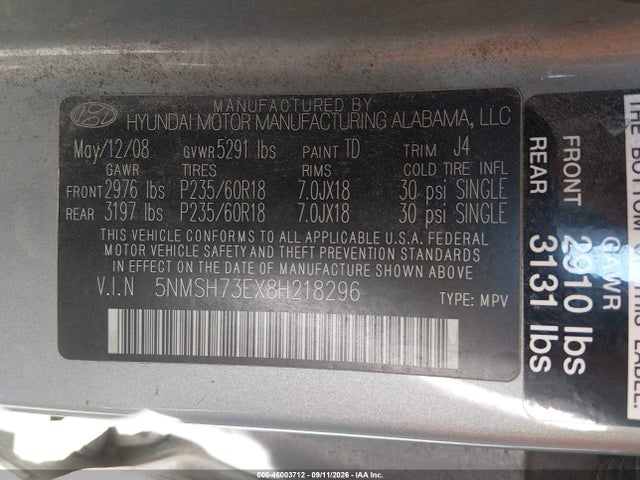 Aukcja sprzedaży 2008 Hyundai Santa Fe Limited/se, vin: 5NMSH73EX8H218296, numer aukcji: 46003712