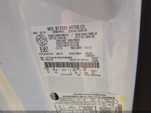 46003716 :رقم المزاد ، 1FTVW1ET8EKE66882 vin ، 2014 Ford F-150 Xlt مزاد بيع
