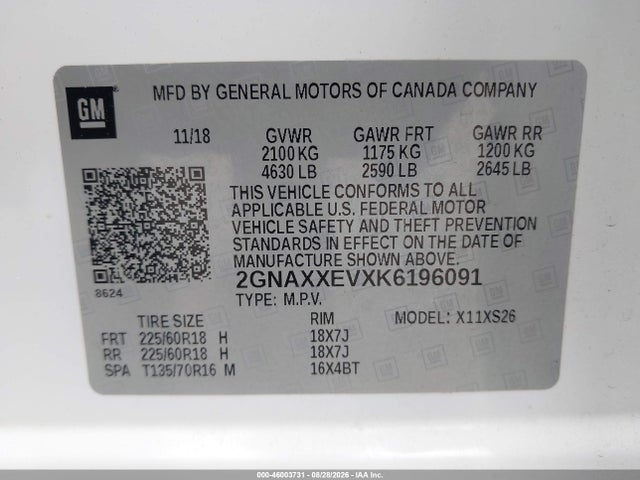 Aukcja sprzedaży 2019 Chevrolet Equinox Premier, vin: 2GNAXXEVXK6196091, numer aukcji: 46003731