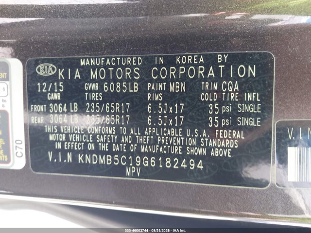 KIA SEDONA LX 2016 KNDMB5C19G6182494 Image 9