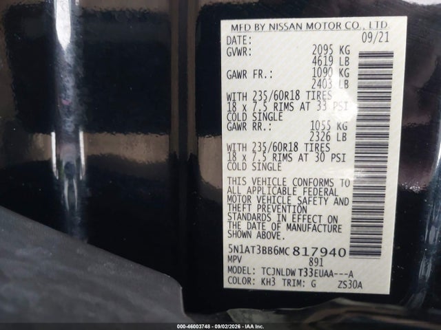 46003748 :رقم المزاد ، 5N1AT3BB6MC817940 vin ، 2021 Nissan Rogue Sv Intelligent Awd مزاد بيع