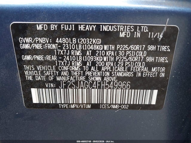 Auction sale of the 2015 Subaru Forester 2.5i Premium, vin: JF2SJAGC4FH549966, lot number: 46003749