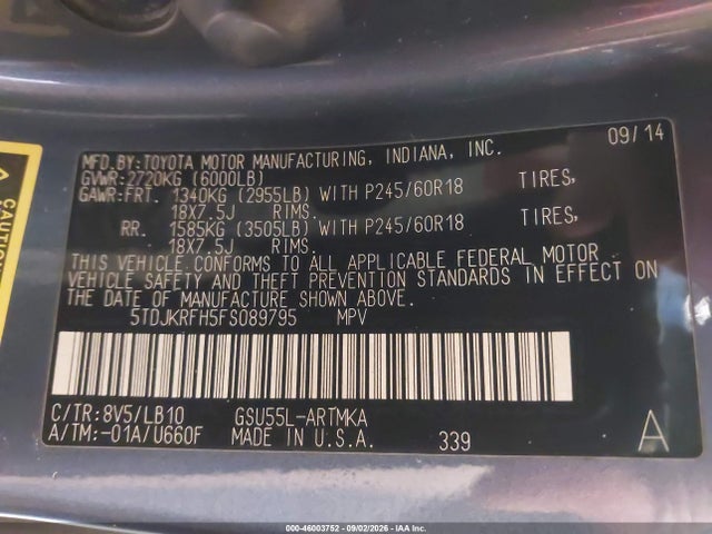 Toyota Highlander Xle V6 2015 5TDJKRFH5FS089795 Image 9