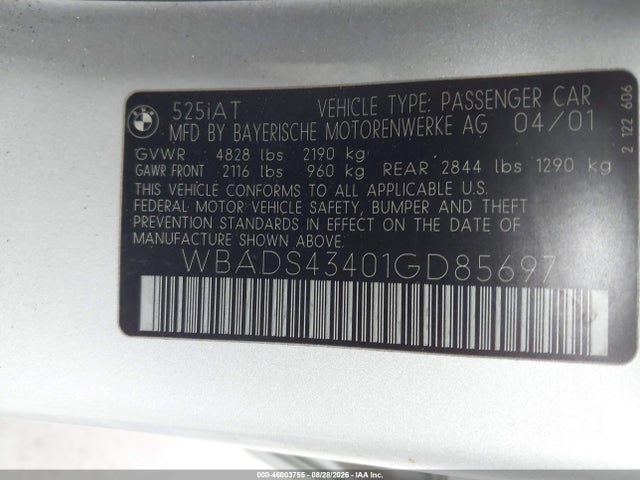 Продажа на аукционе авто 2001 Bmw 525ia, vin: WBADS43401GD85697, номер лота: 46003755