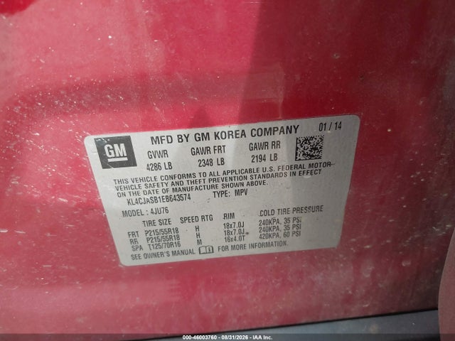 2014 Buick Encore მანქანა იყიდება აუქციონზე, vin: KL4CJASB1EB643574, აუქციონის ნომერი: 46003760