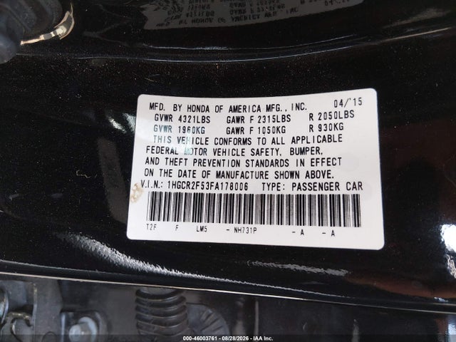 Honda Accord Sport 2015 1HGCR2F53FA178006 Image 9