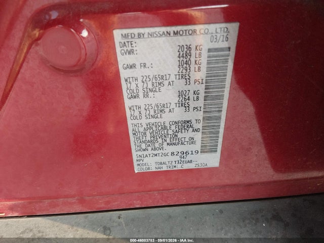 2016 Nissan Rogue Sv მანქანა იყიდება აუქციონზე, vin: 5N1AT2MT2GC829619, აუქციონის ნომერი: 46003783