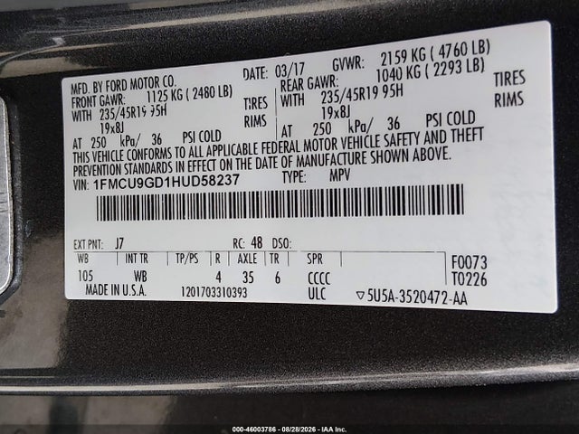 Продаж на аукціоні авто 2017 Ford Escape Se, vin: 1FMCU9GD1HUD58237, номер лоту: 46003786