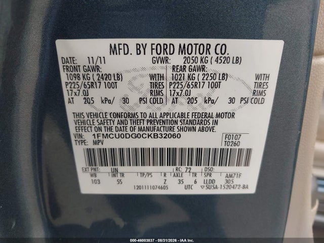 Продажа на аукционе авто 2012 Ford Escape Xlt, vin: 1FMCU0DG0CKB32060, номер лота: 46003837