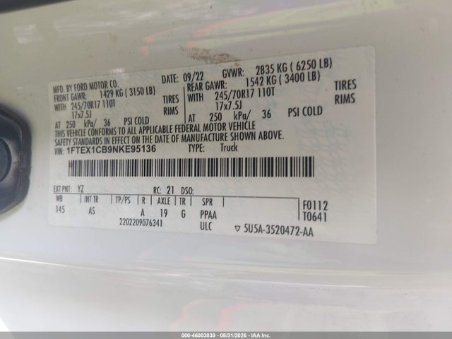Aukcja sprzedaży 2022 Ford F-150 Xl, vin: 1FTEX1CB9NKE95136, numer aukcji: 46003839