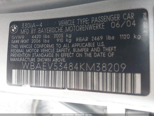 Aukcja sprzedaży 2004 Bmw 330i, vin: WBAEV53484KM38209, numer aukcji: 46003854