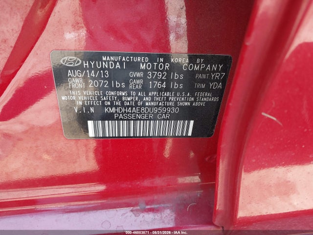 2013 Hyundai Elantra Gls მანქანა იყიდება აუქციონზე, vin: KMHDH4AE8DU959930, აუქციონის ნომერი: 46003871