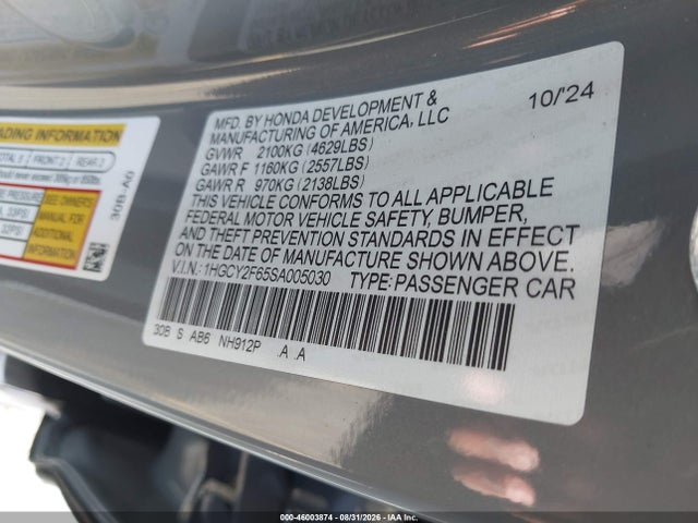 Aukcja sprzedaży 2025 Honda Accord Hybrid Ex-l, vin: 1HGCY2F65SA005030, numer aukcji: 46003874