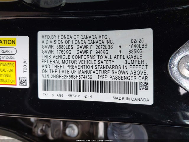 2025 Honda Civic Sport მანქანა იყიდება აუქციონზე, vin: 2HGFE2F56SH574466, აუქციონის ნომერი: 46003889