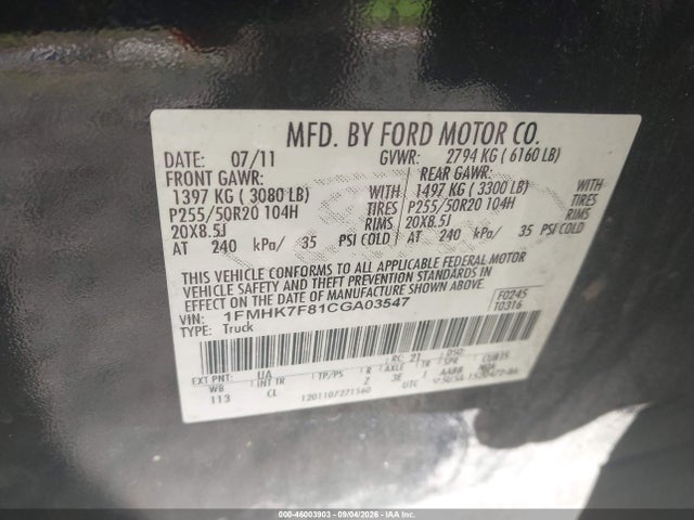 Продажа на аукционе авто 2012 Ford Explorer Limited, vin: 1FMHK7F81CGA03547, номер лота: 46003903