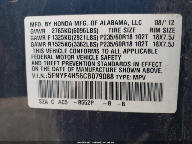 2012 Honda Pilot Ex-l მანქანა იყიდება აუქციონზე, vin: 5FNYF4H56CB079088, აუქციონის ნომერი: 46003917