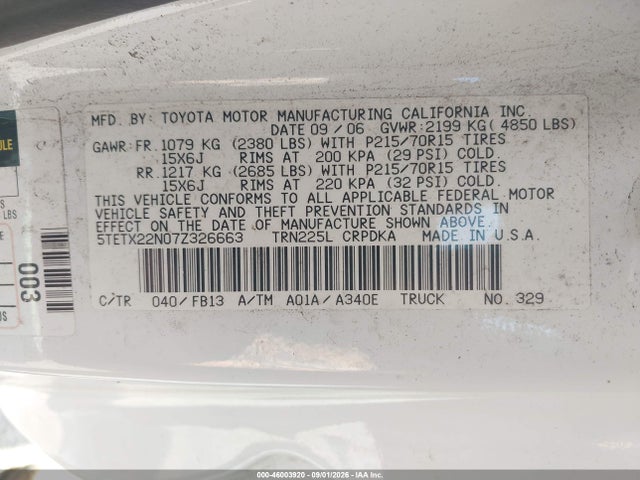 Aukcja sprzedaży 2007 Toyota Tacoma, vin: 5TETX22N07Z326663, numer aukcji: 46003920