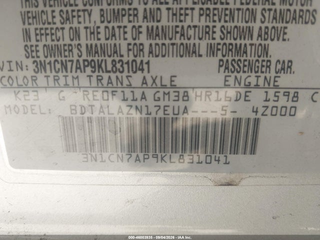 2019 Nissan Versa 1.6 S+ მანქანა იყიდება აუქციონზე, vin: 3N1CN7AP9KL831041, აუქციონის ნომერი: 46003935