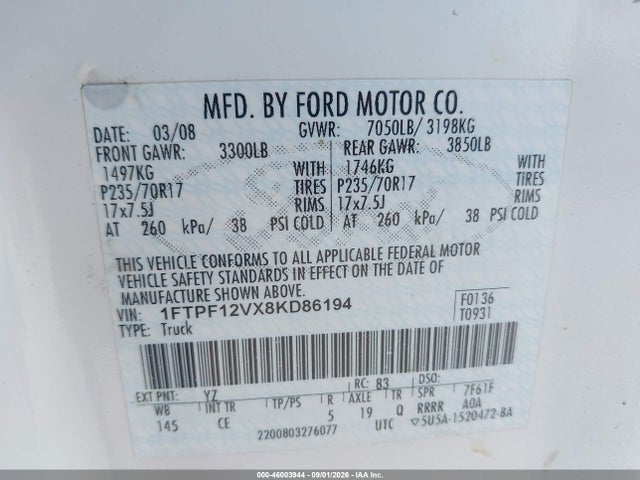 Aukcja sprzedaży 2008 Ford F-150 Fx2/xl/xlt, vin: 1FTPF12VX8KD86194, numer aukcji: 46003944