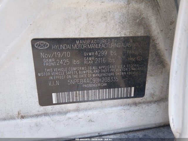 2011 Hyundai Sonata Gls მანქანა იყიდება აუქციონზე, vin: 5NPEB4AC9BH208335, აუქციონის ნომერი: 46003970