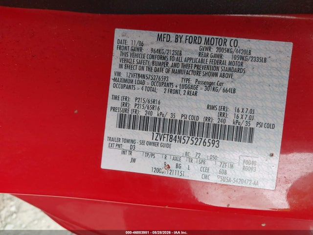 Aukcja sprzedaży 2007 Ford Mustang V6 Deluxe/v6 Premium, vin: 1ZVFT84N575276593, numer aukcji: 46003981