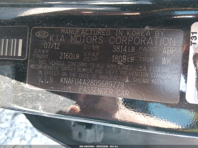 2013 Kia Forte Ex მანქანა იყიდება აუქციონზე, vin: KNAFU4A28D5689779, აუქციონის ნომერი: 46003984