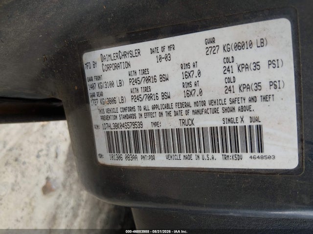 Продажа на аукционе авто 2004 Dodge Dakota Sport/sxt, vin: 1D7HL38K04S579539, номер лота: 46003988