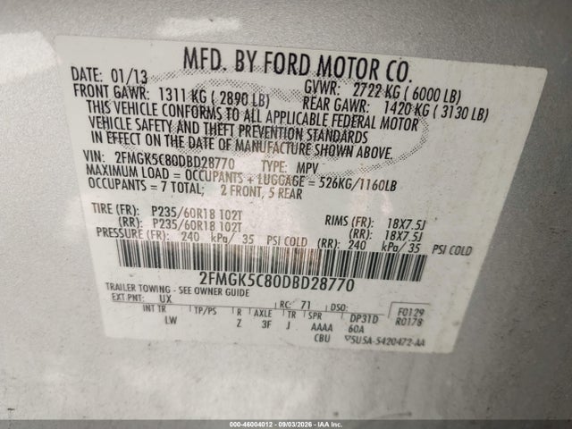 Aukcja sprzedaży 2013 Ford Flex Sel, vin: 2FMGK5C80DBD28770, numer aukcji: 46004012