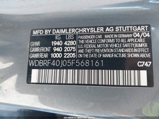 46004015 :رقم المزاد ، WDBRF40J05F568161 vin ، 2005 Mercedes-benz C 230 Kompressor Sport مزاد بيع