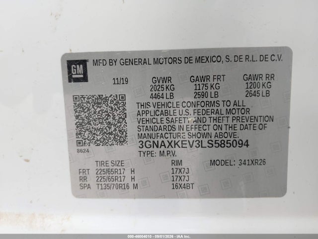 2020 Chevrolet Equinox Fwd Lt 1.5l Turbo მანქანა იყიდება აუქციონზე, vin: 3GNAXKEV3LS585094, აუქციონის ნომერი: 46004010